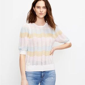 LOFT Striped Pointelle Puff Sleeve Sweater